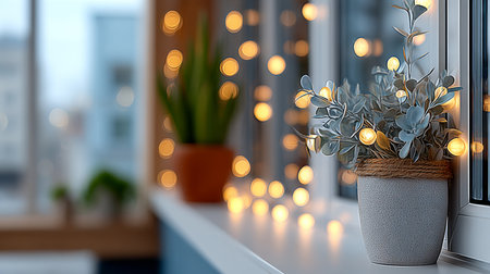 Cozy Winter Windowsill Decoration Featuring Festive String Lights and Lush Indoor Plants Arrangementの素材