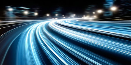Futuristic Travel Concept Artwork Featuring High-Tech Networking on an Expressway at Nightの素材