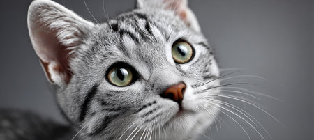 Captivating Close-Up of a Curious Cat with Silver Fur and Bright Eyes in a Soft Studio Light Settingの素材