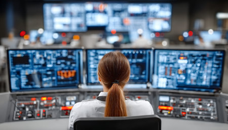 Woman Engineer Analyzing High Tech System Data on Multiple Computer Screens in Control Room Centerの素材