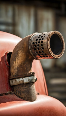 Close-Up of Vintage Truck Exhaust System Featuring Textured Copper Finish and Rustic Metal Details.の素材