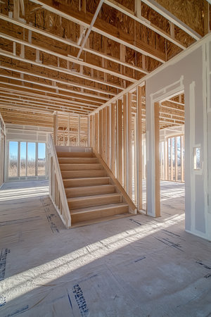 Construction Interior View Showing Skeletal Framework During Installation with Unfinished Spacesの素材