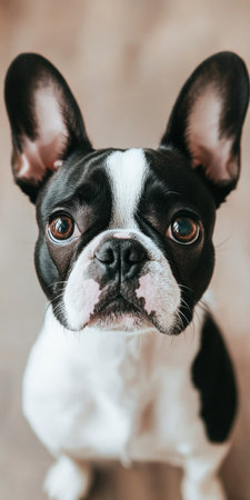 Charming French Bulldog Puppy with Big Ears and Expressive Eyes, Sitting Happily at Homeの素材