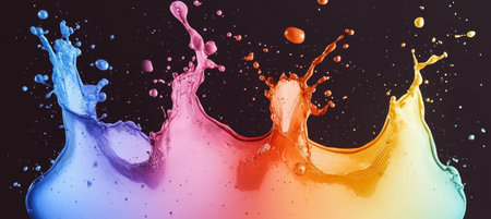 Abstract Splash of Vibrant Rainbow Liquid Colors Creating Beautiful Crown Water Droplet Effectsの素材