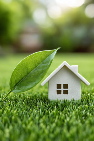 Eco-Conscious Home Concept with Miniature White House Model Surrounded by Lush Green Grass Lawnの素材