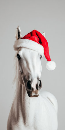 Charming Portrait of a White Horse in a Festive Santa Hat Against a Gray Background for Holiday Joyの素材