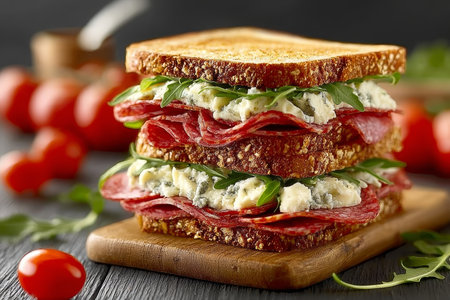 Gourmet Sandwich Delight Stacked Salami, Blue Cheese, Arugula, and Tomato on Toasted Bread Boardの素材