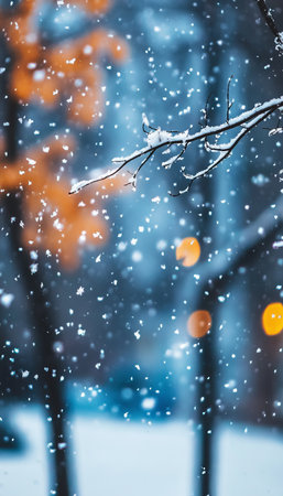 Beautiful Winter Abstract Bokeh with Snowy Tree Branches and Soft Blurred Landscape Backgroundの素材