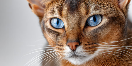 Abyssinian Cat Close-Up Captivating Gaze on White Background Showcasing Feline Eleganceの素材