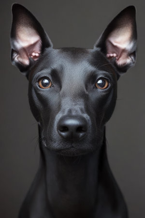 Elegant black Greyhound portrait, showcasing sleek coat and expressive gaze in studio setting.の素材