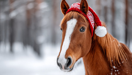 Majestic Brown Horse Wearing a Knitted Santa Hat in a Stunning Snowy Winter Wonderland Landscapeの素材