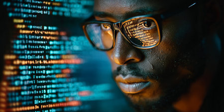 Programming expert analyzing security vulnerability patch on dual monitors while wearing glasses.の素材