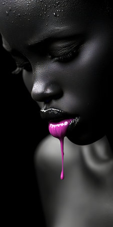 Striking Portrait of a Black Woman with Pink Lips and Artistic Paint Drips, Captivating Expressionの素材