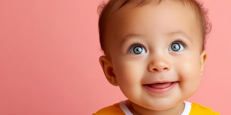 Adorable newborn baby with captivating expression, showcasing innocence and joy in close portrait.の素材