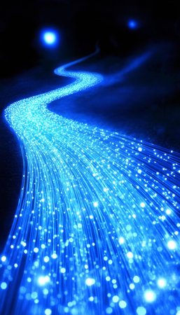 Digital Flow of Light through Fiber Optics, Representing High-Speed Data Transfer and Connectivityの素材
