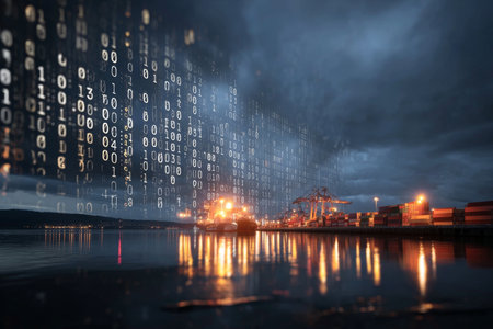 Advanced cargo operation in a bustling port complex with glowing ships against stormy skies.の素材