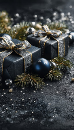 Festive Christmas Scene with Navy Wrapped Presents, Silver Ribbons, Ornaments, and Pine Branchesの素材