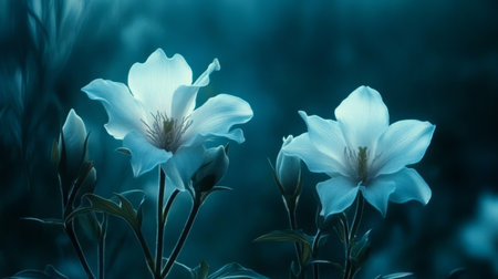 Dreamy White Flowers Unveiling Their Beauty in the Twilight Hour, Soft Light Meets Dark Mystiqueの素材