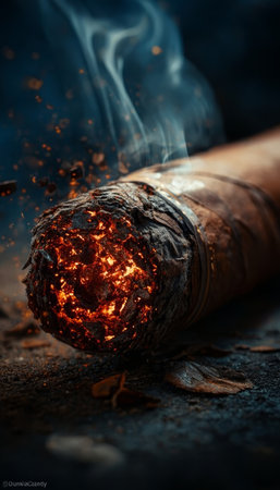 Close-Up of a Burning Tobacco Stick with Glowing Embers and Rising Smoke on Textured Surfaceの素材