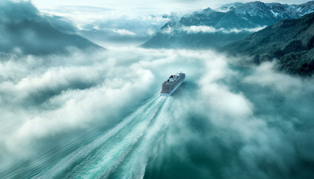 Majestic Cruise Ship Sailing Through Misty Waters Surrounded by Towering Mountains and Serene Skiesの素材