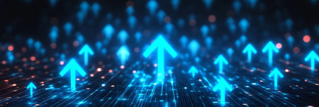 Dynamic Visual of Digital Advancement with Upward Trajectory Arrows Representing Business Successの素材