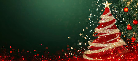 Festive Red and Green Holiday Backdrop with Illuminated Trees and Sparkling Lights for Celebrationsの素材