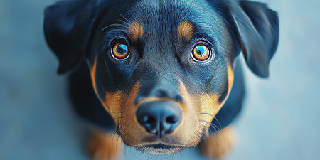 Expressive Rottweiler with Captivating Eyes Posing Against a Soft Gray Background, Stunning Viewの素材