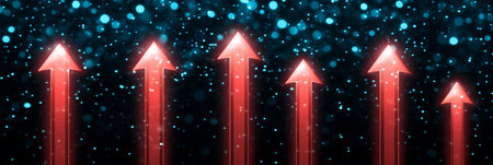 Progress and achievement concept with upward arrows on a dark bokeh background for impact.の素材