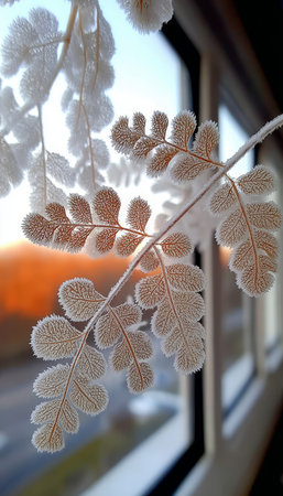 Delicate Frozen Flora Against a Blurred Sunrise, Capturing Winter s Embrace and Tranquil Beautyの素材