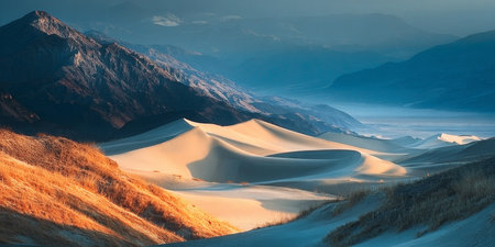 Golden Hour Majesty Desert Landscape with Sunlit Mesquite Dunes and Majestic Mountain Viewsの素材