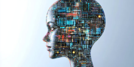 Futuristic Female Portrait with AI Brain and Cyberpunk Elements in a Modern Technological Settingの素材