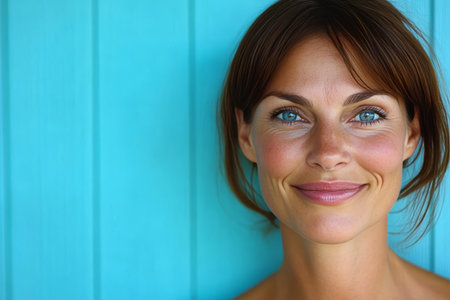 Mature beauty portrait on turquoise backdrop radiating confidence and wellness after treatment.の素材