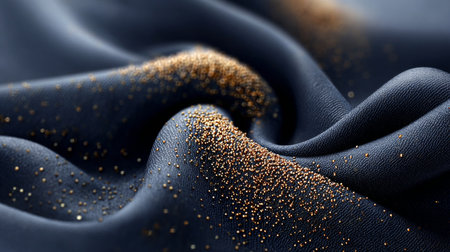 Elegant Abstract Illustration with Unique Wave Forms and Gold Texture on Blue Fabric Backgroundの素材