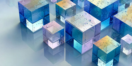 Translucent Cubes Overlaying Isometric Background with Frosted Wet Glass and Gradient Colors Designの素材