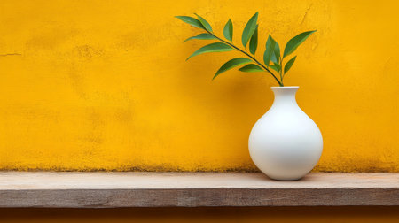 Elegant Minimalist Home Decor with White Vase on Wooden Shelf Against a Soft Yellow Wall Backgroundの素材