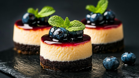 Delicious Mini Cheesecakes with Fresh Blueberries, Berry Glaze, and Crushed Shortcake Base Delightの素材