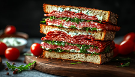Delicious Artisanal Salami Sandwich Tower with Creamy Pungent Cheese on Rustic Toasted Breadの素材