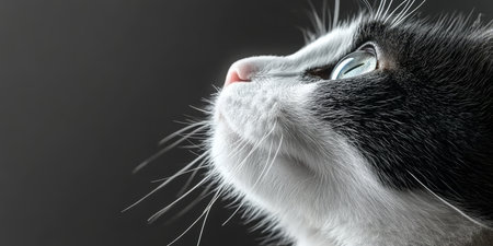 Charming Manx Cat Portrait Featuring Expressive Eyes and Playful Demeanor on a Clean Gray Backgroundの素材