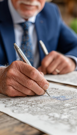 Elderly gentleman with silver pen finalizing monumental business contract with future implicationsの素材