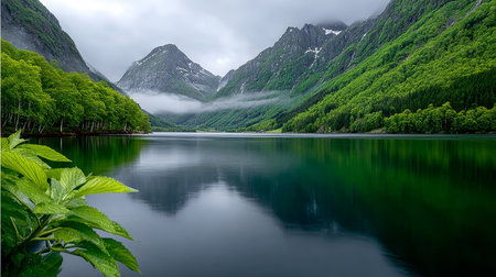 Stunning Fjord Landscape with Green Mountains Reflected in a Calm Lake on a Misty Dayの素材