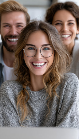 Three Confident Colleagues Enjoying Office Success by Celebrating, Laughing and Posing Together.の素材