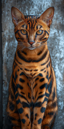 Striking Bengal Cat Portrait with Expressive Gaze Against Elegant Neutral Background Setting.の素材