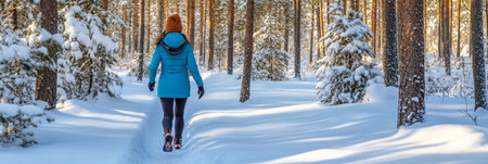 Individual Enjoying Winter Woodland Nature Walks in a Fresh Blue Coat Amidst Snow-Covered Treesの素材