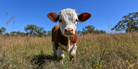 Charming Hereford Calf Grazing in Green Meadow Under Clear Blue Sky, Perfect for Stock Photographyの素材