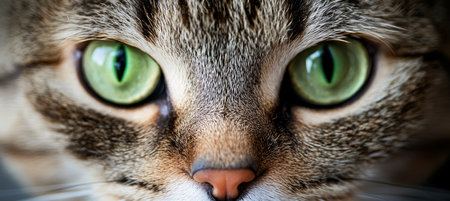 Close-Up of a Beautiful Brown Cat with Striking Green Eyes and Detailed Fur, Captivating Imageの素材