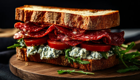 Gourmet Artisanal Salami Sandwich with Blue Cheese, Arugula, and Fresh Tomatoes on Toasted Breadの素材