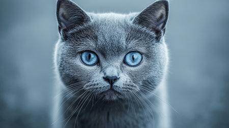 Graceful Russian Blue Cat Portrait with Striking Blue Eyes, Poised in a Soft Gray Studio Settingの素材