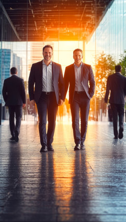 Diverse Professionals Collaborating in a Modern Cityscape to Foster Team Success and Partnershipsの素材