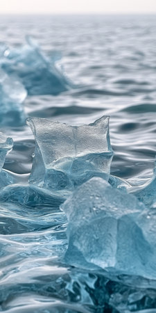 Crisp Glacier Shards Floating Gently on the Serene Water Surface, Capturing Light and Textureの素材