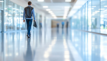 A Businessman Walking Through a Bright Modern Office Space with Glass Walls and Growth Potentialの素材